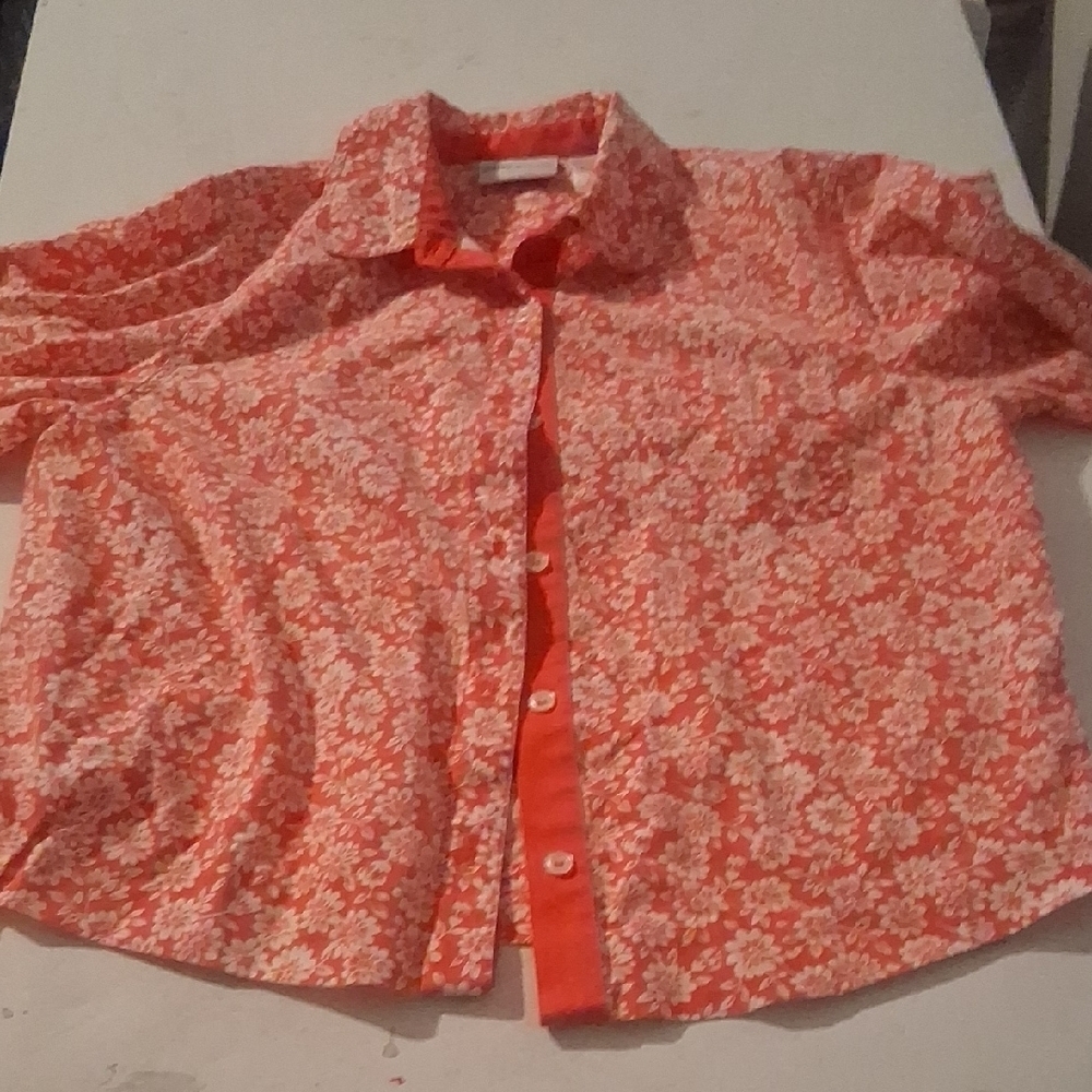 Alfred Dunner Orange White Floral Button Down Blouse Shirt Size 14 3/4 Sleeve - Picture 2 of 10